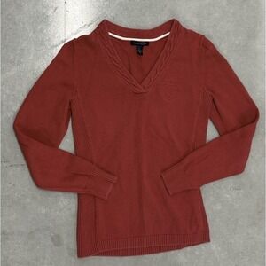 Tommy Hilfiger Women's M Red V Neck Sweater Crest Logo Preppy Holiday Gift
